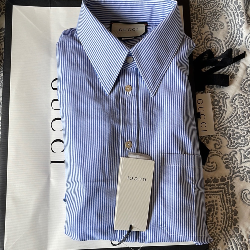 Gucci Luxe Italian Dress Double G Shirt Size 44/ 171/2 Striped bottom down
